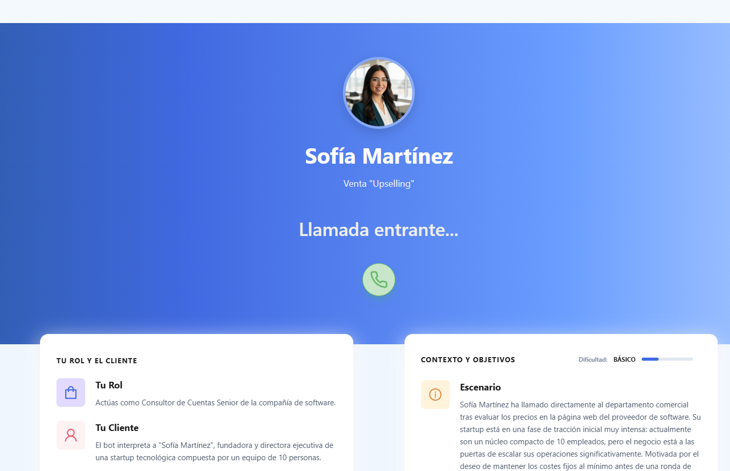 Simulación de venta por voz con un cliente virtual en Conversa App